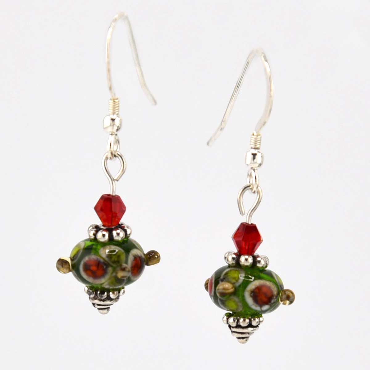 green with red lampwork earrings