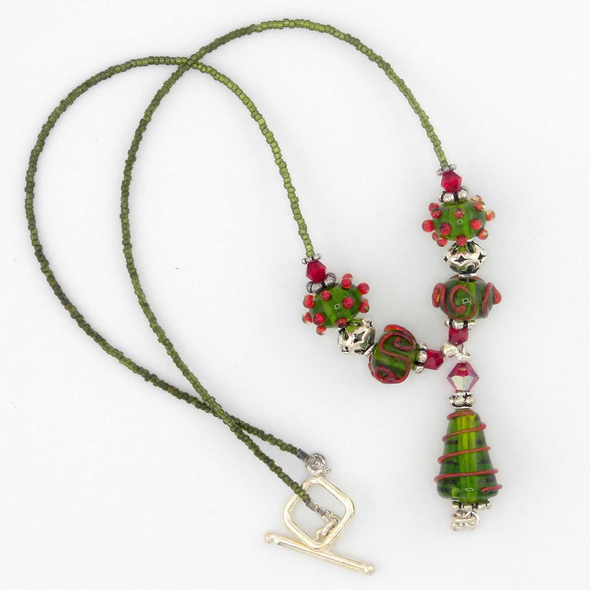 green with red lampwork necklace