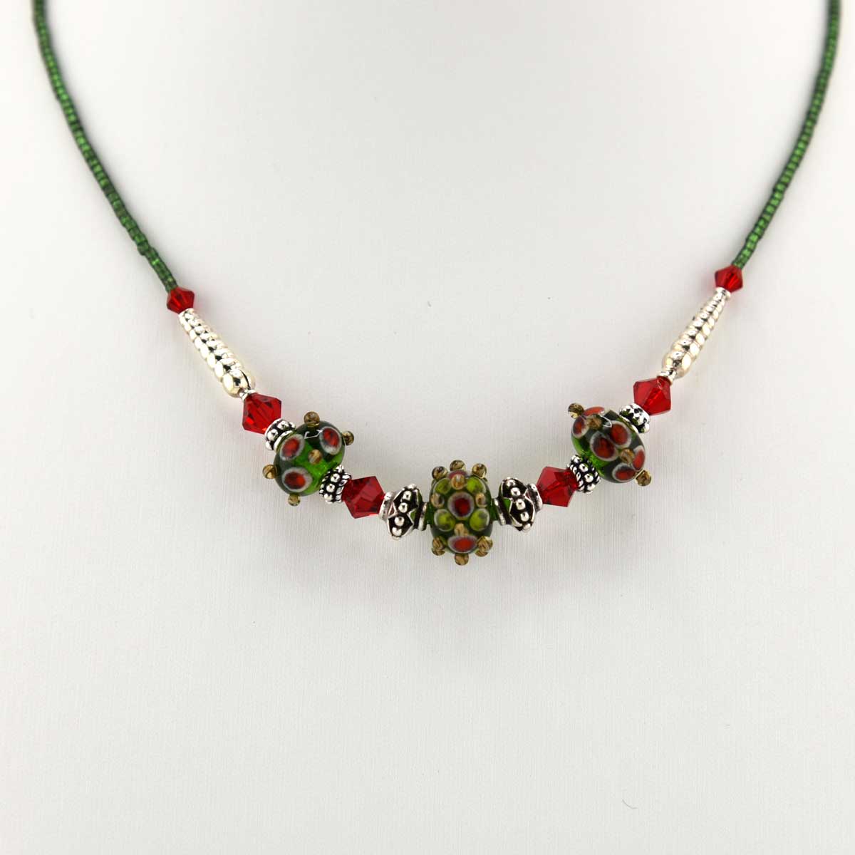 Green with Red Lampwork necklace